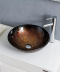 USZWBY Bathroom Vessel Sink with Faucet and Drain Combo Vessel Bowl Sink Tempered Glass Countertop Sink Bowl Round Brown Art Above Counter Sink Art Basin, Thickness 12 Cm with chrome faucet and textured brown surface.