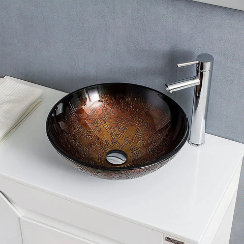 USZWBY Bathroom Vessel Sink with Faucet and Drain Combo Vessel Bowl Sink Tempered Glass Countertop Sink Bowl Round Brown Art Above Counter Sink Art Basin, Thickness 12 Cm with chrome faucet and textured brown surface.