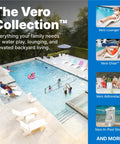The Vero Collection featuring in-pool shade table with built in cooler and 9 gallon basin lift lid umbrella hole for 15 inch water ledge white finish perfect for sun shelf and poolside lounging in poolside setting with various loungers and chairs