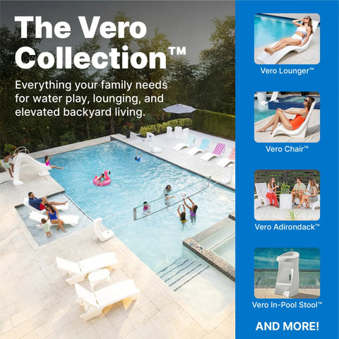 The Vero Collection featuring in-pool shade table with built in cooler and 9 gallon basin lift lid umbrella hole for 15 inch water ledge white finish perfect for sun shelf and poolside lounging in poolside setting with various loungers and chairs