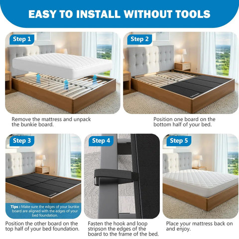 Step-by-step installation of Heavy Duty Full Size Bunkie Board Two Piece Split Design on a bed frame.