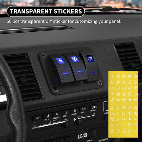 Waterproof 12V Marine Switch Panel With 3 Gang Rocker Switches, Blue LED Illumination, installed on vehicle dashboard