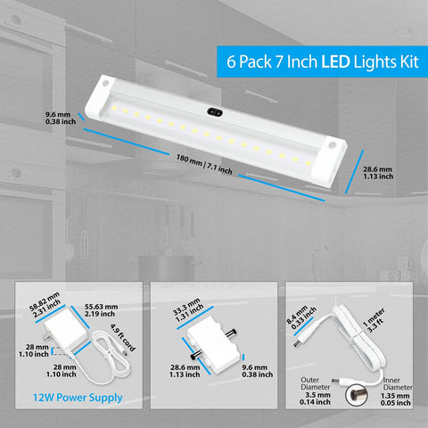 Wave Activated Under Cabinet LED Lighting Kit, 6 Pack, No Remote Needed, 7 Inch, Dimmable, Touchless Control, connectors and cables