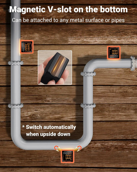 Dead On Digital Angle Finder And Magnetic Torpedo Level Boasting A Crisp Backlit Display attached to pipes with V-slot for precision measurements.