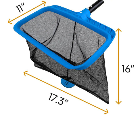 Heavy Duty Pool Skimmer Net With Deep Mesh For Efficient Leaf Cleanup In Pools And Ponds, Sturdy PP Frame, Fine Debris Rake Net, Net Only, Pole Not Included, Fits Standard Pool Poles, Blue, dimensions shown.
