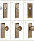 Two Pack Old School Vintage Antique Brass Dummy Door Knobs With Long Plate For Interior Use Non Turning Single Sided For Closets Pantries Or French Doors