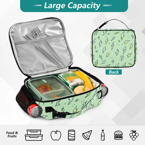 Lightning Bolt Green Insulated Lunch Bag With Shoulder Straps For Kids And Adults Office School And Travel Dope Portable Cooler That Keeps Your Eats Fresh Big Main Compartment Two Side Pockets Durable Easy To Clean, open with food inside