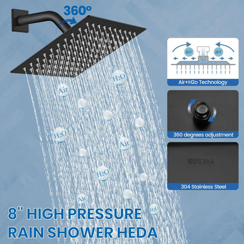Airuida 8-in matte black rainfall shower head with SUS304 stainless steel, wall-mount, 360° adjustment