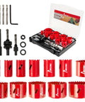 Heavy Duty Workhorse Bi Metal Hole Saw Kit and Hole Cutter Set with 26 Pieces of Durable Drilling Blades in tough carry case.