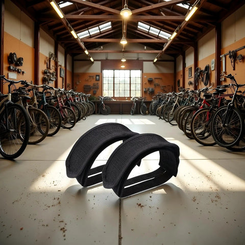 Two Pack Bike Pedal Straps Toe Clips For Kids And Adults Adjustable Nylon Foot Straps on floor in bike workshop