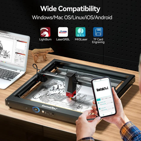 10W Laser Engraver And Cutter With App Control in action on 400x400mm work area, controlling via smartphone, showing wide compatibility.