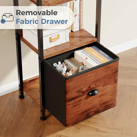 Close-up of the 4 Tier Bookshelf With Fabric Drawer and Industrial Wood and Metal Storage Shelf Space Saver for Small Rooms