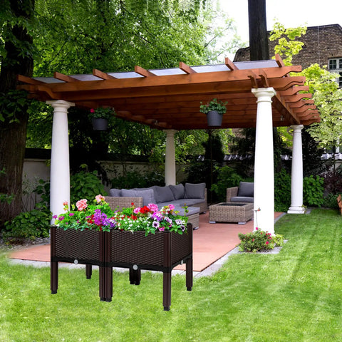 Elevated Two Box Raised Garden Bed With Drainage For Vegetables Herbs And Flowers in a garden under pergola