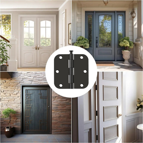 Premium No Nonsense Matte Black Door Hinges 3.5 Inch 48 Pack displayed on various stylish doors and settings.