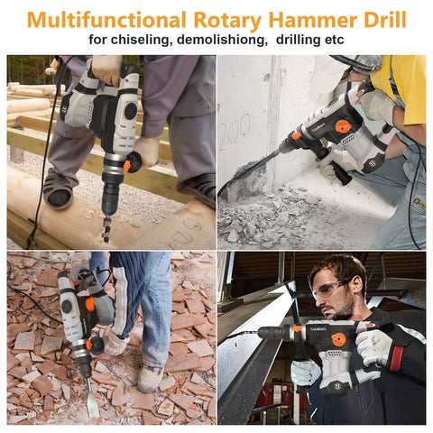 Four images of a 12.5 Amp Rotary Hammer Drill With SDS Plus One And A Quarter Inch used on wood, concrete, and stone surfaces.