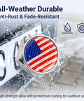 Road Ready 4 Piece American Flag Decorative License Plate Bolt Kit featuring shiny hex nut, water-resistant design for outdoor use.