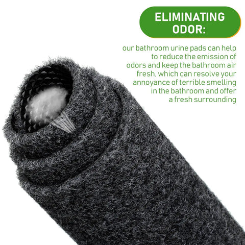 Rolled black mat highlighting odor reduction feature for Non Slip Urinal Mats For Men 12 Pack Water Absorbent Bathroom Floor Pads.