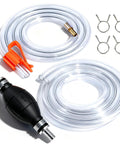 Gas siphon hose pump kit with two transparent PVC hoses, orange connector, black hand pump, and four hose clamps.