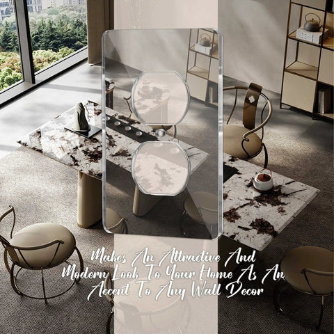 Three Pack Mirror Acrylic Outlet Covers with light switch plates on a modern dining table in home setting.