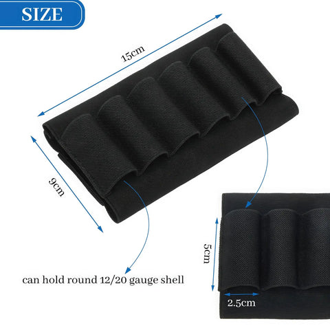 8 Round Shotgun Shell Holder Buttstock size dimensions for 12 Gauge And 20 Gauge Ammo, black finish, elastic fit detail