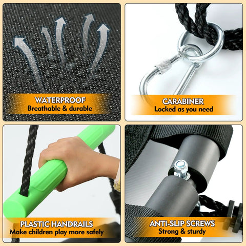 Close-up of a Black Round Saucer Swing with Handles for Backyard Fun showing waterproof PP mat, carabiner, green plastic handrail, and anti-slip screws.
