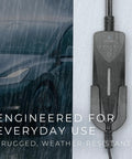 Dual Level Portable EV Charger For All NACS Vehicles, Adjustable 8A To 40A Charging, shown in rainy weather next to EV.
