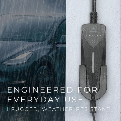 Dual Level Portable EV Charger For All NACS Vehicles, Adjustable 8A To 40A Charging, shown in rainy weather next to EV.