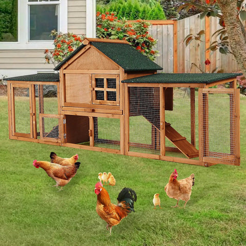 Spacious Wooden Chicken Coop And Rabbit Hutch With Dual Level Runs Waterproof Asphalt Roof Removable Tray Nest Box Outdoor Hen House For 2 To 4 Chickens Or Small Animals Backyard Pet Cage in a garden with chickens nearby.