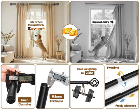 Comparative image of black curtain rods with twisted cage ends, highlighting extendable 32 to 144 inches heavy duty features.
