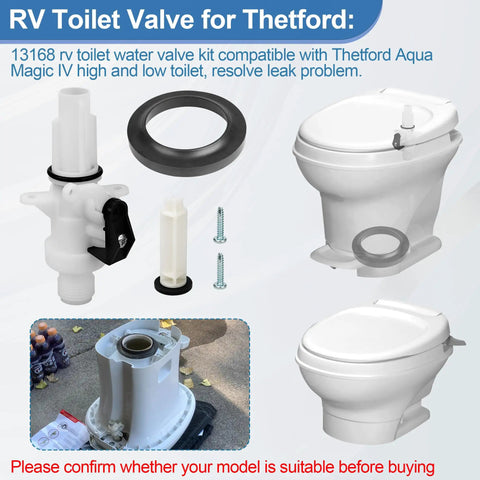 Upgraded RV Toilet Water Valve Kit For Aqua Magic IV Toilets Compatibility With High And Low Models Includes Flange Seal Easy Install Replacement Part For Camper RV Leakproof displayed with components and toilet example