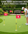 Person practicing on mini putting green with Two Pack 3Ft Golf Flagstick Mini Putting Green With Hole Cup Set in backyard