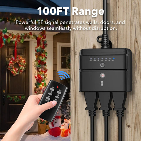 Outdoor Timer Outlet With Dusk To Dawn Sensor And Remote Control 100 Foot Range Waterproof 3 Grounded Outlets 15A ETL Listed with RF remote control near holiday lights