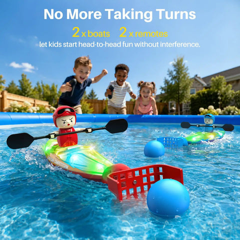 Two Pack Remote Control Boats For Kids Ages 6 To 12 With Dolphin Ball Catching Nose in pool, kids playing, bright LED, daytime