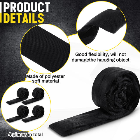 Close-up of 4 pack 6.6 ft endless round polyester lifting straps detailing flexibility, softness, and black heavy-duty design.