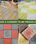 4 Piece Concrete Mold Set For DIY Paver Stones And Walkways showcasing colorful cobblestone patterns in patio and garden settings.