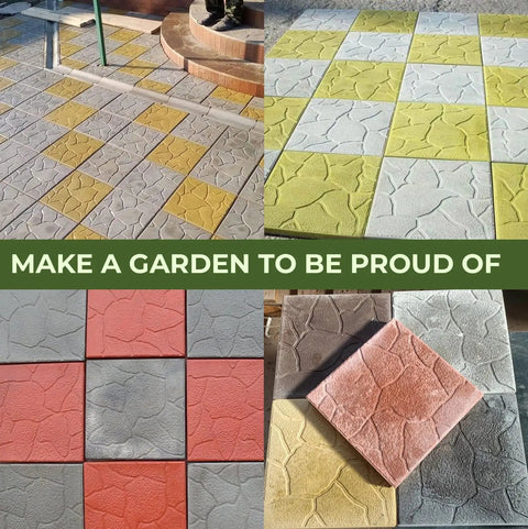 4 Piece Concrete Mold Set For DIY Paver Stones And Walkways showcasing colorful cobblestone patterns in patio and garden settings.