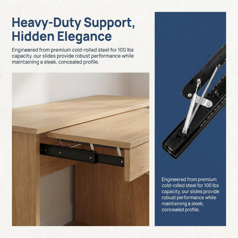 Beefy Heavy Duty Concealed Soft Close Lift Table Drawer Slides Side Mount Black Cold Rolled Steel 9.9in Long, desk application