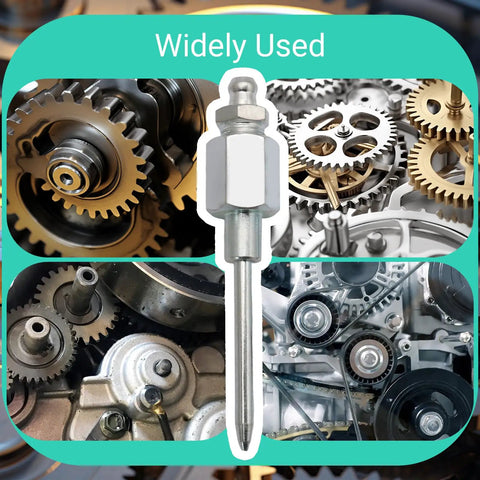 Grease Gun Needle Accessory Kit 7 Piece Set With 5 Precision Nozzles 1 Heavy Duty Dispenser 1 Rubber Nipple Adapter And Fitting Couplers For Narrow Tight And Deep Spaces shown in gears and engine background