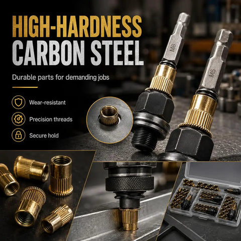 Premium Carbon Steel Rivet Nut Set With Heavy Duty Head Tool For M3 To M8 Sizes Featuring Compact Carry Case Perfect For Garage Fixes And Diy Projects That Get The Job Done Fast. M5 M6 bits and threaded inserts displayed