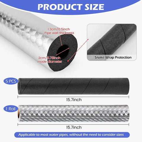 Detailed view of Six Pack Pipe Insulation Foam Tubes With Self Adhesive Aluminum Foil Roll 15.7 Inch Black Pipe Wrap dimensions