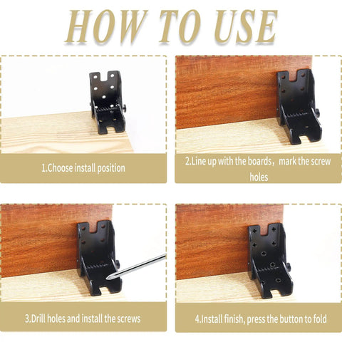 Skip The Hassle With These Heavy Duty Folding Table Leg Brackets In Black, installation steps shown with detailed black brackets.