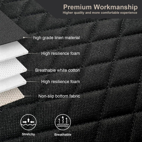 Premium Linen Front Car Seat Cover With Cushioned Pad, Sideless Design, material layers and features, black, high resilience foam