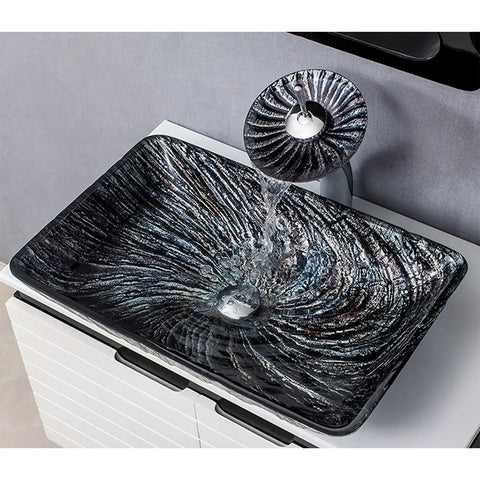 USZWBY Bathroom Vessel Sink, Tempered Glass Artistic Vessel Bowl Sink view with waterfall faucet and textured design.