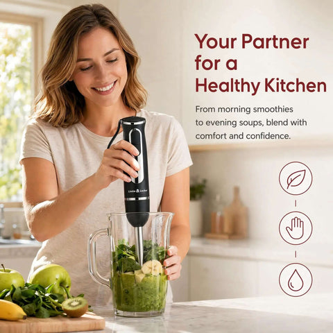 Smooth As Silk 300 Watt Immersion Stick Blender With Rock Solid Build for pureeing soups and smoothies in use.