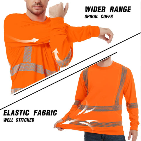 Men Class 3 High Visibility Long Sleeve Safety Shirt Built Like A Tank For Job Sites With Heat Transfer Reflective Tape Ansi Certified Orange Workwear Crew Approved Night Shift Ready with spiral cuffs and elastic fabric.