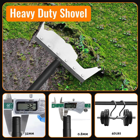 Heavy Duty Flat Shovel Scraper with 59 Inch Handle for yard cleanup, moss removal, wall scraping, shown with measurements.