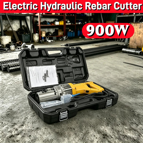 Heavy Duty 900W Electric Hydraulic Rebar Cutter For Fast Spark-Free Cuts On 4Mm To 16Mm Steel Rods in case with instruction manual.