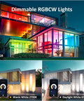 Smart RGB LED Flood Light 25W Tunable White 2700K-6500K Outdoor Uplights illuminating modern house with vibrant colors