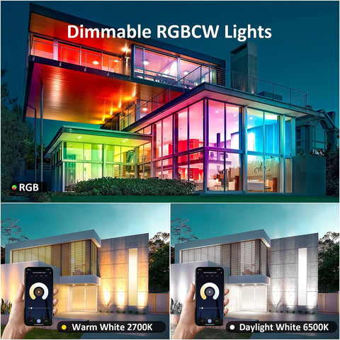 Smart RGB LED Flood Light 25W Tunable White 2700K-6500K Outdoor Uplights illuminating modern house with vibrant colors