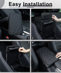 Top Shelf Leather Car Center Console Cover And Armrest Cushion Universal Waterproof Non Slip Pad For Sedans SuVs Trucks Black showing easy installation steps.